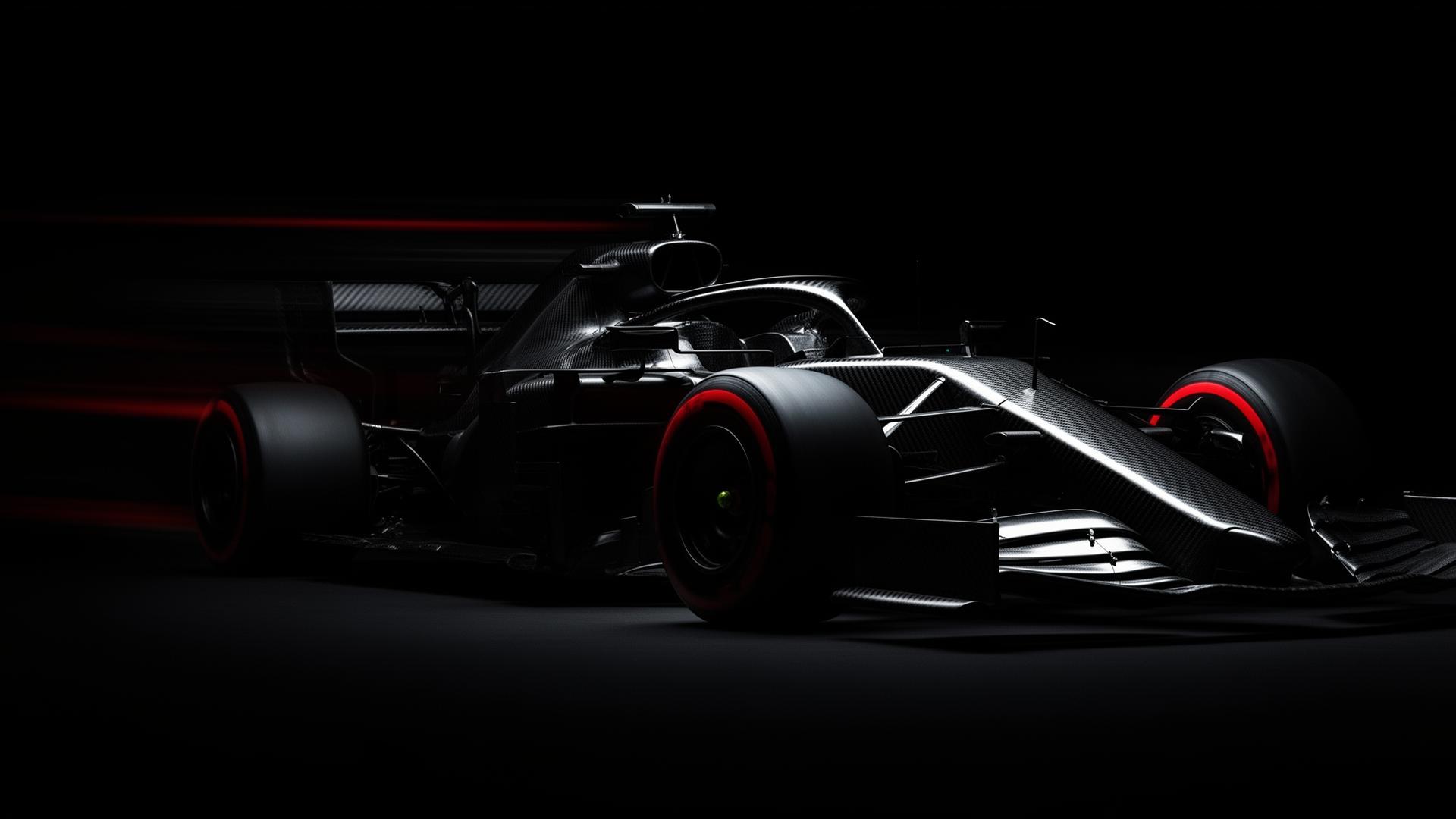 Formula 1 race car emerging from shadows